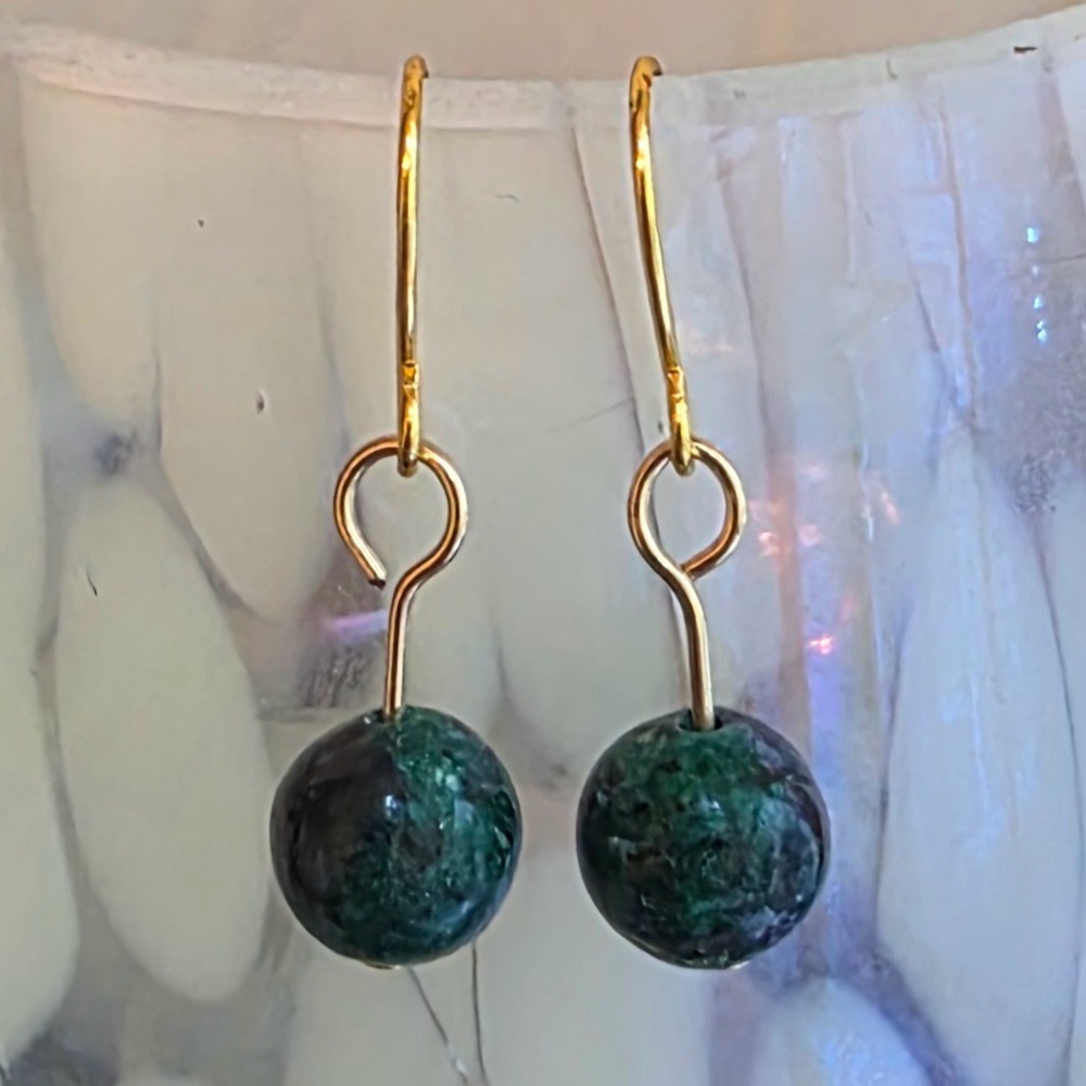 Hand Crafted Gold and Moss Agate Earrings
